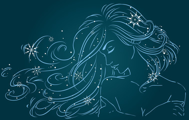 Sketch of a young girl with beautiful hair surrounded by snowflakes on a blue background. Vector illustration