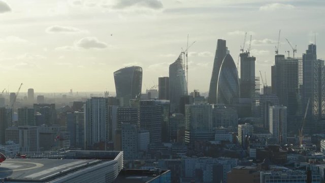 Aerial view above hospital of The Gherkin, Leadenhall and Central London, United Kingdom