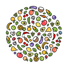 Fresh and healthy fruits and vegetables in circle. Vegetarian organic food design concept