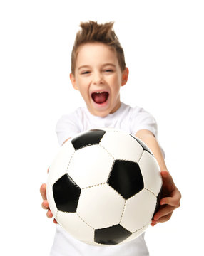 Fan sport boy player hold soccer ball celebrating happy smiling laughing free text copy space