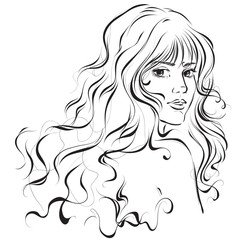 Sketch of a young girl with beautiful hair. Vector illustration