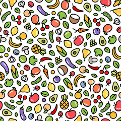 Seamless background with fruits and vegetables. Vector fresh organic food pattern