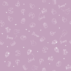 Gift wrapping paper seamless pattern with cute cartoon flowers and sweets, children vector illustration lilac background