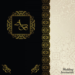 Luxury background with antique, vintage frame. Invitation card, baroque style label. Black-gold design