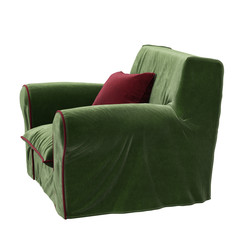 Classic green chair with red pillow isolated on white background. Digital Illustration. 3d rendering