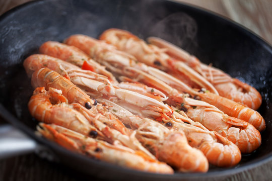 Scampi cooked in a pan