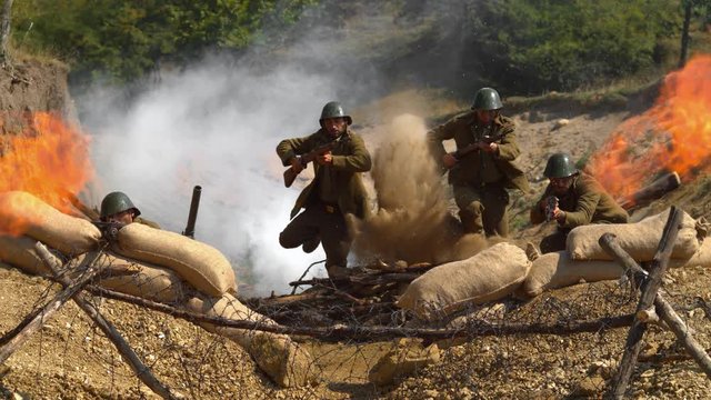 WW2 soldiers on the battlefield, slow motion