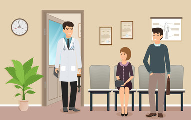 Male doctor in uniform meets the patient characters in medical clinic. Woman and man patients near a doctor's office.