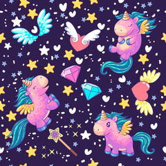 Decor elements set with cute unicorns with diamonds, hearts, magic and wings.Seamless pattern. It can be used for sticker, patch, phone case, poster, t-shirt, mug and other design.