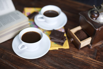 Homemade morning coffee on wooden table