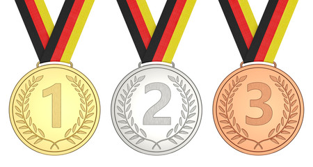 Gold, Silber, Bronze, Medaille mit Nummern 1, 2 und 3 isoliert weißer Hintergrund