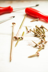 Repair carpenter tools: red screwdrivers and screws on white old wooden background, copy space