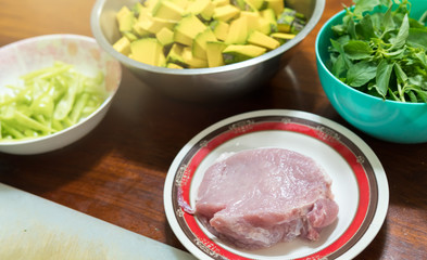 Components in preparation for cooking Stir Fried pumpkin with pork.Containing such as vegetables and meat as food in the form of the Thai people.