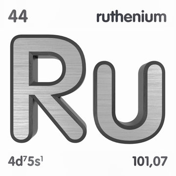 Ruthenium (Ru). Chemical element sign of periodic table of elements. 3D rendering.