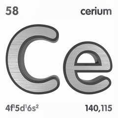 Cerium (Ce). Chemical element sign of periodic table of elements. 3D rendering.