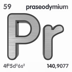 Praseodymium (Pr). Chemical element sign of periodic table of elements. 3D rendering.