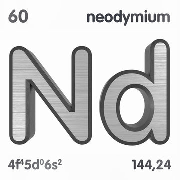 Neodymium (Nd). Chemical element sign of periodic table of elements. 3D rendering.