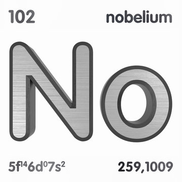 Nobelium (No). Chemical element sign of periodic table of elements. 3D rendering.