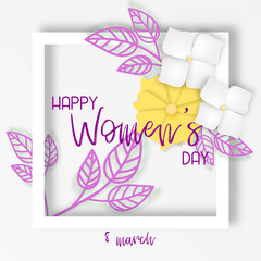 March 8 greeting card for International Womens Day. Flowers and ribbons. Paper cut style. Vector illustration.