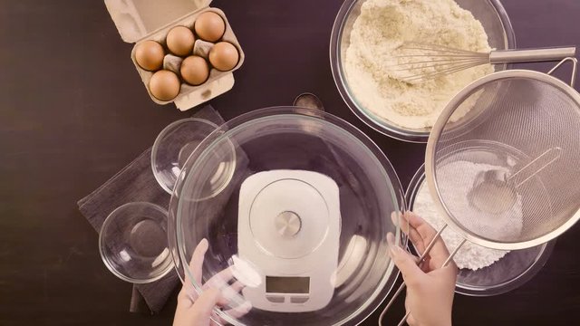 Step by step. Ingredients for baking french macarons on the table