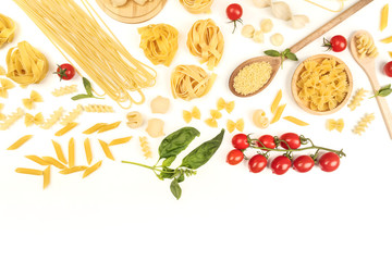 Overhead photo of different types of pasta on white with copy space
