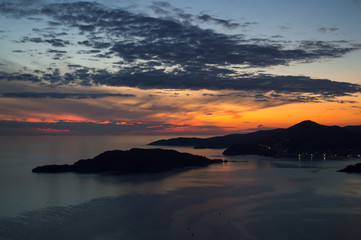 Panorama of Budva Riviera seen from Sveti Stefan Lookout Point during Sunset, Montenegro