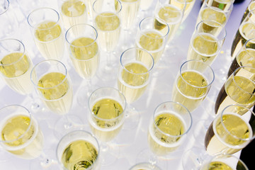 Above view of a row of champagne glasses
