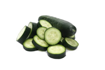 Cucumber with slices isolated on white background
