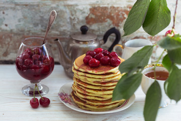 Pancakes and cherry jam