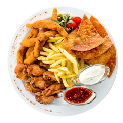 Set with different snacks and sauces in a white plate isolated on white background. Top view, flat lay