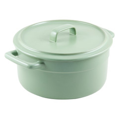 green ceramic pan, modern utensils, on white background