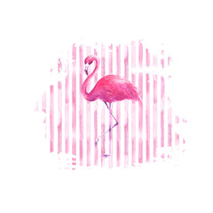 Flamingo on watercolor pink striped background