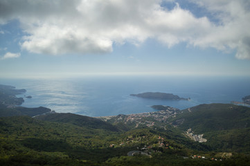 Panorama of Budva Riviera seen from Sveti Stefan Lookout Point during Sunset, Montenegro