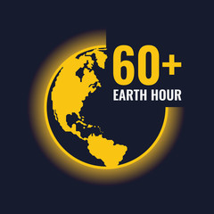 yellow earth world and light sign and Earth hour 60+  text vector design
