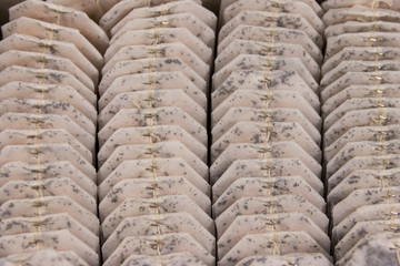 Tea bags arrange in box close-up