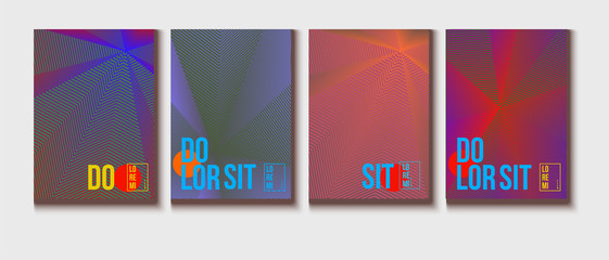 Fototapeta premium Neon Halftone Covers Set. Trendy Blend Lines Corporate Identity. Futuristic Posters, Geometric Business Backgrounds. Halftone Minimal Presentation Covers. Neon Colored Iridescent Print Design.