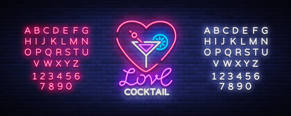 Cocktail logo in neon style. Love Cocktail. Neon sign, Design template for drinks, alcoholic. Light banner, Bright advertising for cocktail bar, party. Vector illustration. Editing text neon sign