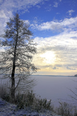Obraz premium Winter landscape with frozen lake surface and woods in Masuria lakes district in Poland - Lasmiady lake near town of Elk