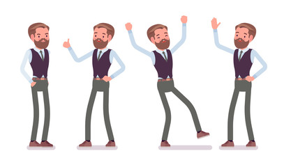 Handsome male office employee feeling positive emotions