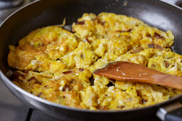 Scrambled eggs in a pan