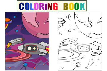 With planets space vector for adults. Cartoon children coloring, color, black and white