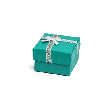 Teal gift box with silver ribbon isolated