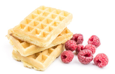 Traditional waffle (Belgian) with fresh raspberries isolated on white background three sweet delicate and airy.