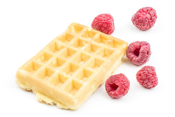 Traditional waffle (Belgian) with fresh red raspberries isolated on white background one sweet delicate airy.