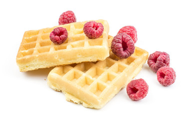 Traditional waffle (Belgian) with fresh red raspberries isolated on white background two sweet delicate airy.