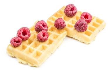 Traditional waffle (Belgian) with fresh red raspberries isolated on white background two sweet soft airy.