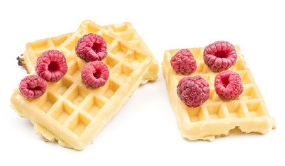 Traditional waffle (Belgian) with fresh red raspberries isolated on white background three sweet delicate airy.