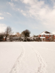 field covered in snow with two tracks through it landscape