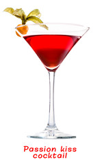 Tasty cold Passion Kiss cocktail in a cocktail glass on light background