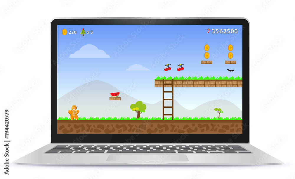Sticker laptop computer with game screen vector illustration
